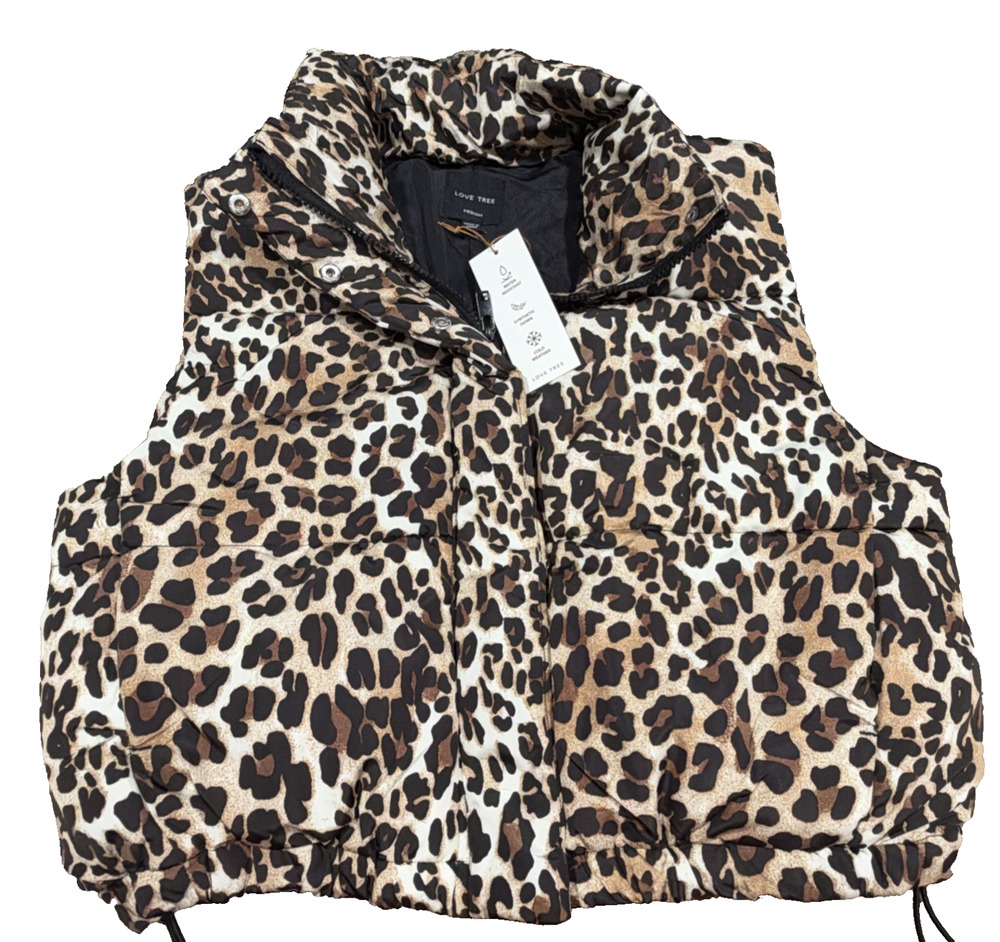 NWT Love Tree Leopard Print Cropped Puffer Vest Medium